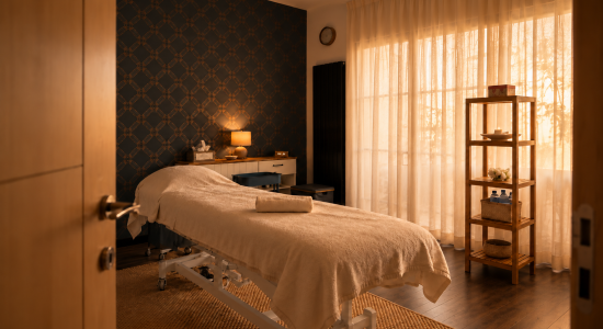 Sanctuaire de massage baigné de lumière dorée